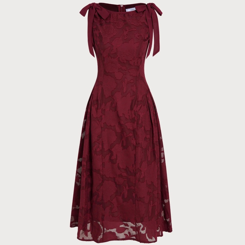 Red Jacquard Chiffon Midi Dress - Picture 4 of 7